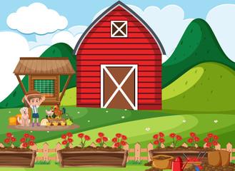 Obraz premium Farm scene with little girl feeding chickens on the farm