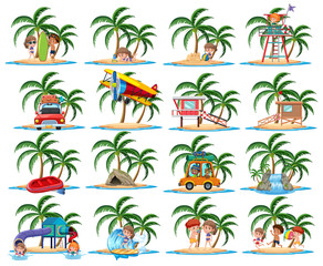 Obraz premium Group of vacation activities on the tropical island cartoon character on white background