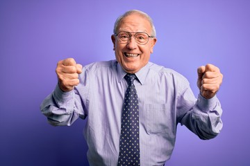 Grey haired senior business man wearing glasses standing over purple isolated background very happy and excited doing winner gesture with arms raised, smiling and screaming for success. Celebration