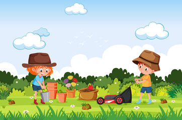 Obraz na płótnie Canvas Background scene with kids planting in the park