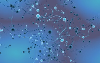 Neural network. Social network. Futuristic blue background. Abstract molecule, cell illustration, mycelium. Hi tech purple background. 3D illustration