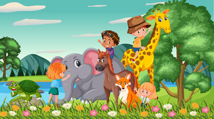 Obraz na płótnie Canvas Scene with happy kids and animals in the park