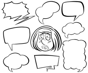 Doodle drawing of girl and speech bubbles on white background