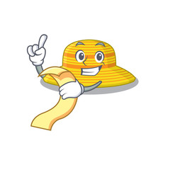 summer hat mascot character style with a menu on his hand