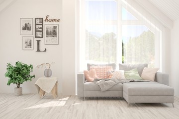 White living room with sofa. Scandinavian interior design. 3D illustration
