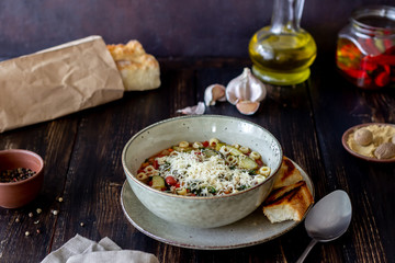 Italian minestrone soup. National cuisine. Recipe. Vegetarian food. Healthy eating. Diet.