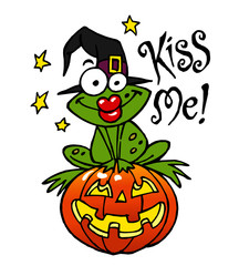 Frog with a witch hat and red lips sitting on a scary pumpkin and saying kiss me, halloween theme color cartoon