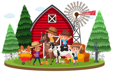 Obraz na płótnie Canvas Farm scene with many kids and animals on the farm