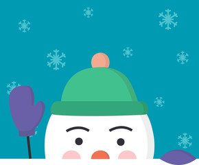 Concept christmas and winter. Half head of snowman welcomes with a hand in a mitten. Snowflakes fly on the blue background