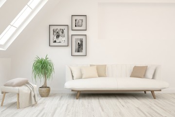 Fototapeta na wymiar White living room with sofa and pictures on a wall. Scandinavian interior design. 3D illustration