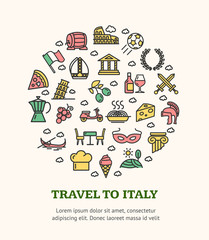 Travel to Italy Round Design Template Black Thin Line Icon Banner. Vector