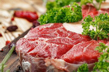 Raw meat slice for grill with seasoning