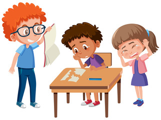 Domestic violence with kid bullying the others on white background