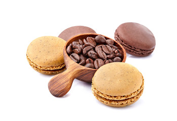 Coffee   macarons assorted with coffee beans isolated on white background. Clipping Path.