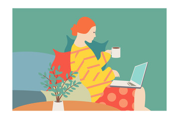 Home living, woman with laptop and cup. Quarantine, working from home, 2019-ncov preventive, stay home comfortable during coronavirus pandemic, keep calm. 