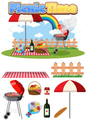 Picnic set with BBQ grill and food on white background