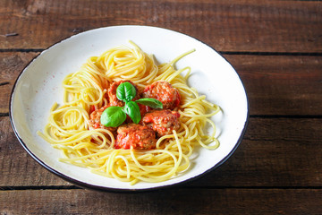 pasta spaghetti meatballs and tomato sauce Menu concept food background top view copy space