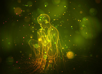 vector 3d girl from dots and splines, among wavy threads and circles on yellow green background