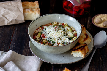 Italian minestrone soup. National cuisine. Recipe. Vegetarian food. Healthy eating. Diet.