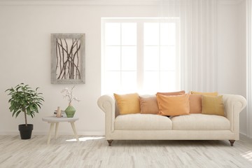 White living room with sofa. Scandinavian interior design. 3D illustration
