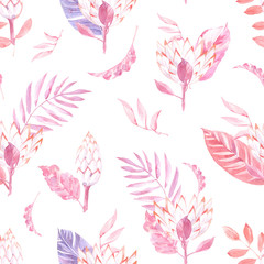 Watercolor seamless pattern with palm leaves and exotic leaves and flowers.