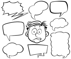 Doodle drawing of man and speech bubbles on white background