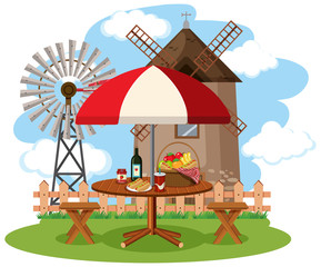 Scene with food on the picnic table on the farm