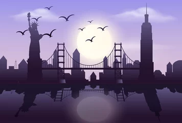 Fototapeten Lila Silhouettenszene mit Gebäuden in der Stadt bei Nacht  © brgfx