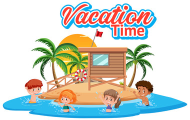 Font design for vacation time with happy children in the water