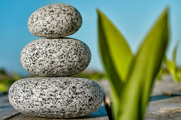 Fototapeta premium Balance pebbles on a wooden deck with green foliage and sky background at sunset rays. Spa and relax concept.