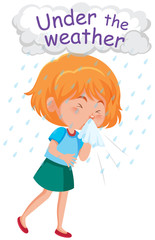 English idiom with picture description for under the weather on white background