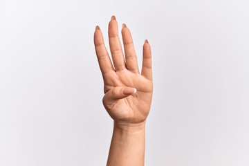 Hand of caucasian young woman counting number 4 showing four fingers