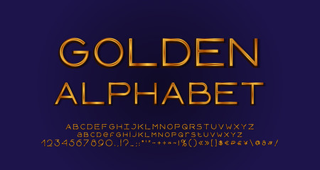 Elegant golden alphabet, geometric thin lines font typography. Uppercase and lowercase letters, numbers, symbols and marks. Vector illustration