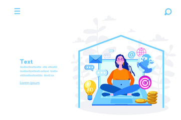 Work from home online, freelancer working on a laptop at home. Vector illustration for web banner, infographics, mobile.  creative space, self-isolation, 