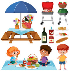 Picnic set with BBQ grill and food on white background