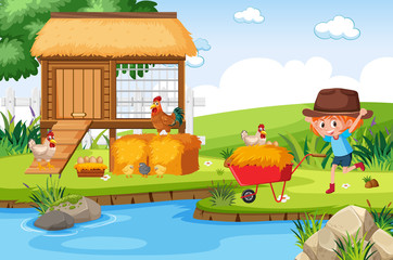Farm scene with girl and chickens by the river © brgfx