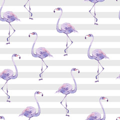 Watercolor seamless pattern with tropic birds flamingos on the striped background.
