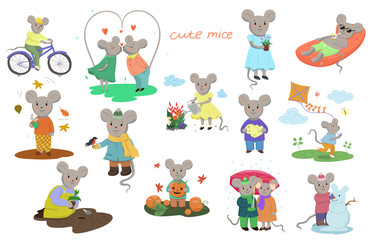 A set of cute mice for different activities. Vector graphics.