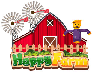 Font design for happy farm with red barn and scarecrow