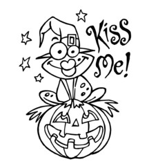 Frog with a witch hat and red lips sitting on a scary pumpkin and saying kiss me, halloween theme black and white cartoon