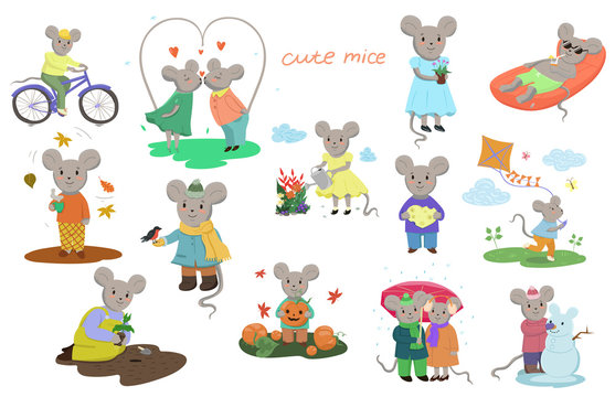 A set of cute mice for different activities. Vector graphics.