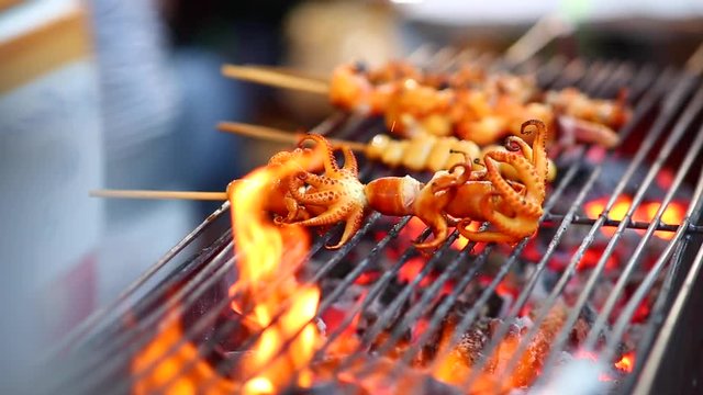 Street thai food, Grilled squid