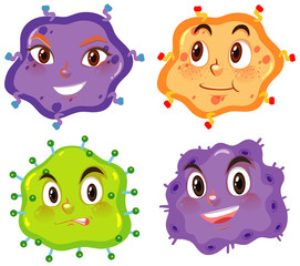 Virus cells with happy faces on white background