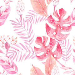 Watercolor seamless pattern with palm leaves, monstera leaves and exotic leaves.