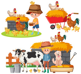 Set of farmers and farm animals on white background