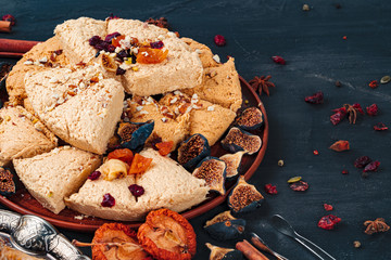 Turkish arabic desserts on silver plate close up