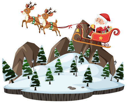 Santa claus with raindeer flying across the city on white background