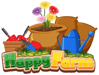 Font design for happy farm with gardening tools and flowers