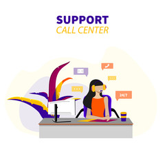 Vector illustration Female customer service. Hotline operator advises client, Online global technical support. Female customer service worker helping customers over phone calls. Flat illustration