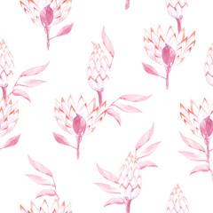 Watercolor seamless pattern with leaves and exotic leaves and flowers.